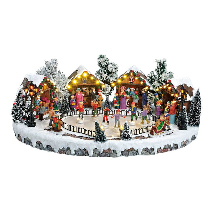 Winter scene, with light, music, moving ice skaters, made of poly, 44x18x30cm for wholesale by Wurm