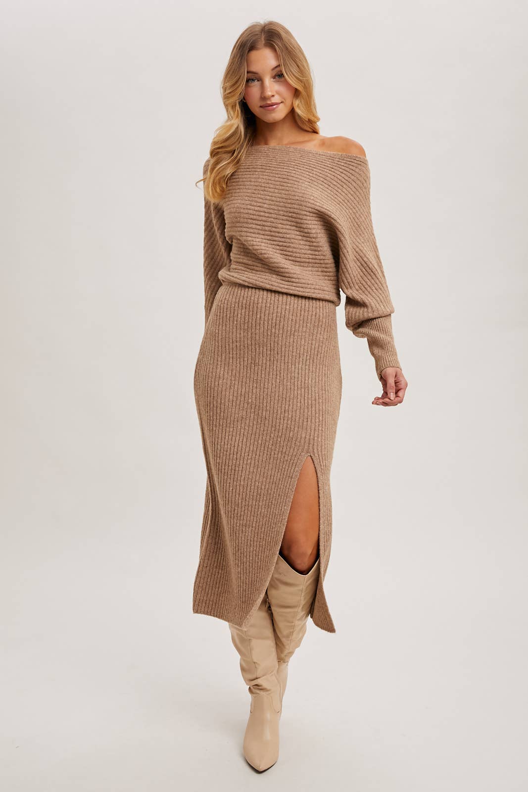 Bluivy - Wholesale Dress - Women's - ONE SHOULDER OFF SIDE SLIT MIDI KNIT SWEATER DRESS2