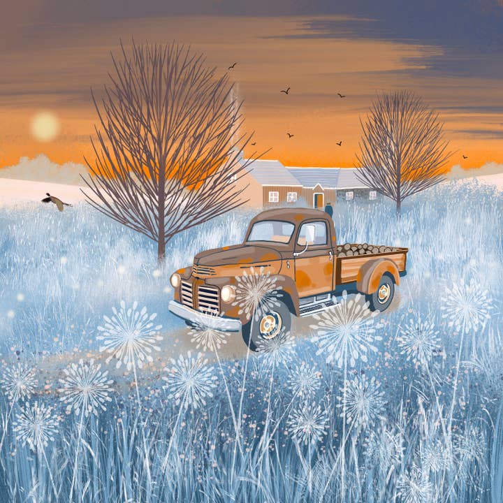 Vintage Truck Print.Cold winter Landscape with old chevy pickup delivering logs to a cottage. Gift for husband, boyfriend or son. for wholesale by Galloway Arts