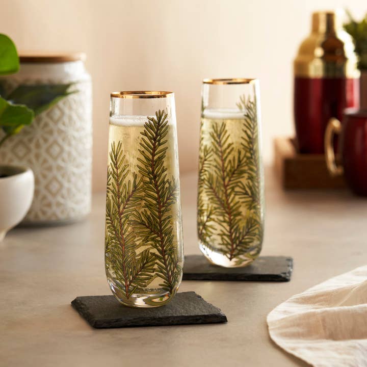 Twine - Wholesale Champagne Flute - Gold Rimmed Woodland Stemless Champagne Flutes Set of 22