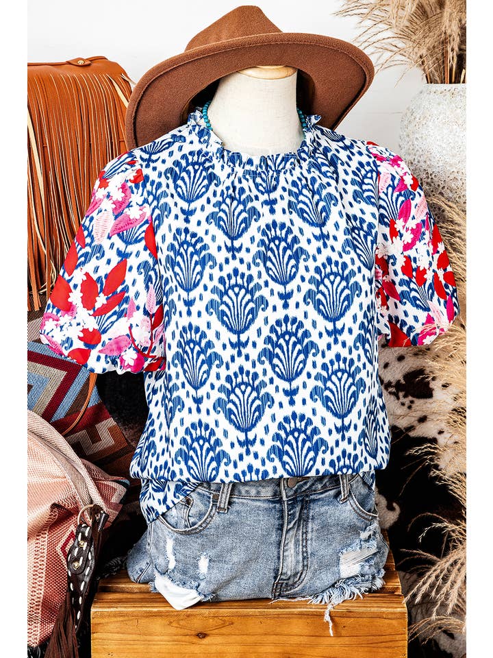 As shown Western Fashion Print Floral Puff Sleeve Frill Neck Blouse for wholesale on Faire