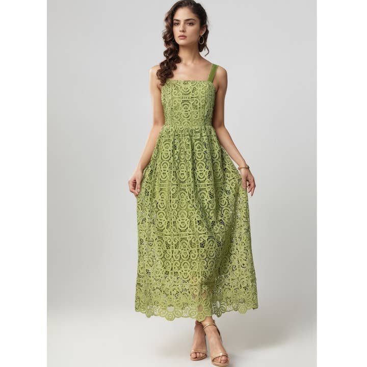 DR447Y Elegant Green One-Shoulder Water-Soluble Lace Dress for wholesale by Productseeker