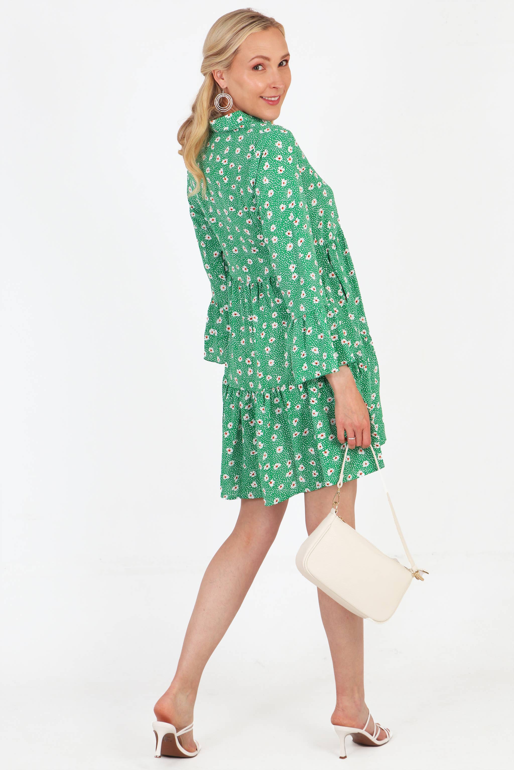 Sarta - Wholesale Dress - Women's - Daisy and Spot Print Mini Tiered Dress in Green2