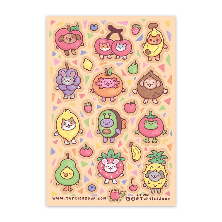 Fruit Friend Animals Funny Cute Kawaii Glitter Sticker Sheet for wholesale by Turtle's Soup