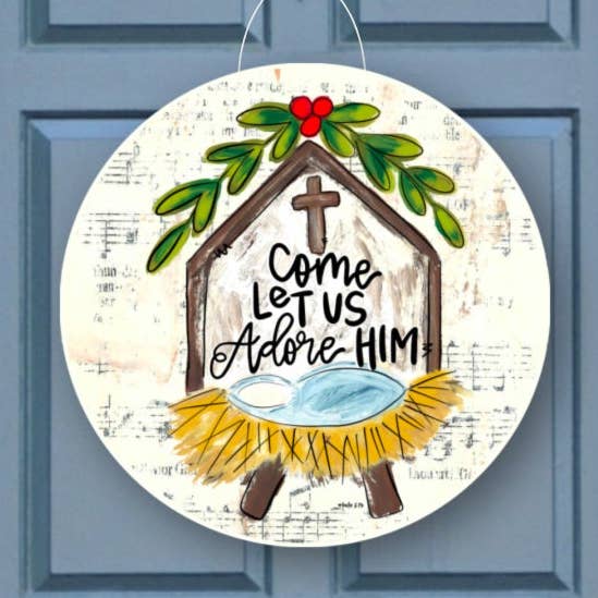Come Let Us Adore Him Nativity Door Hanger for wholesale by Baxter & Me