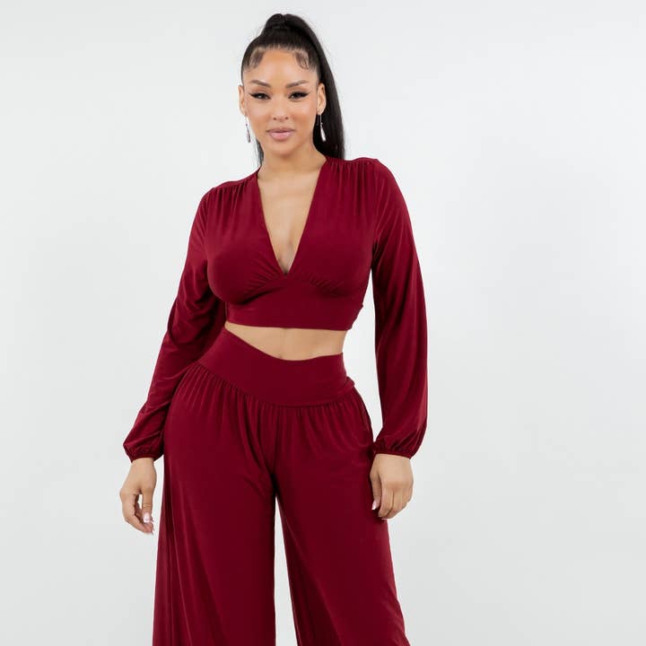 T6780-B11440 LOW NECK SHIRRED TOP WITH SHIRRED PANTS SET for wholesale by Uptown Apparel