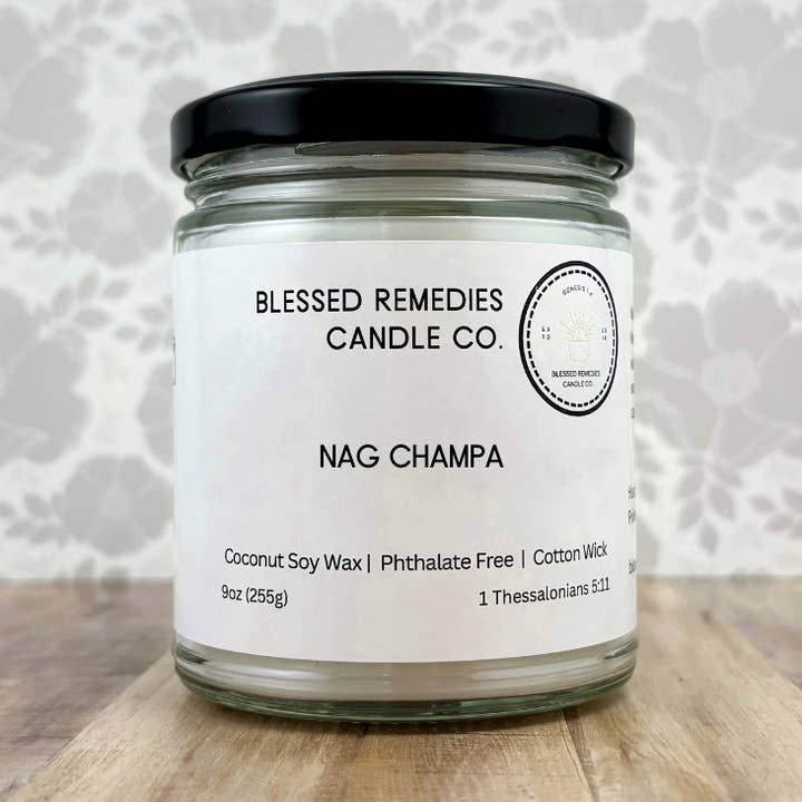Nag Champa 9oz Coconut Soy Candle with Cotton Wick for wholesale by Blessed Remedies