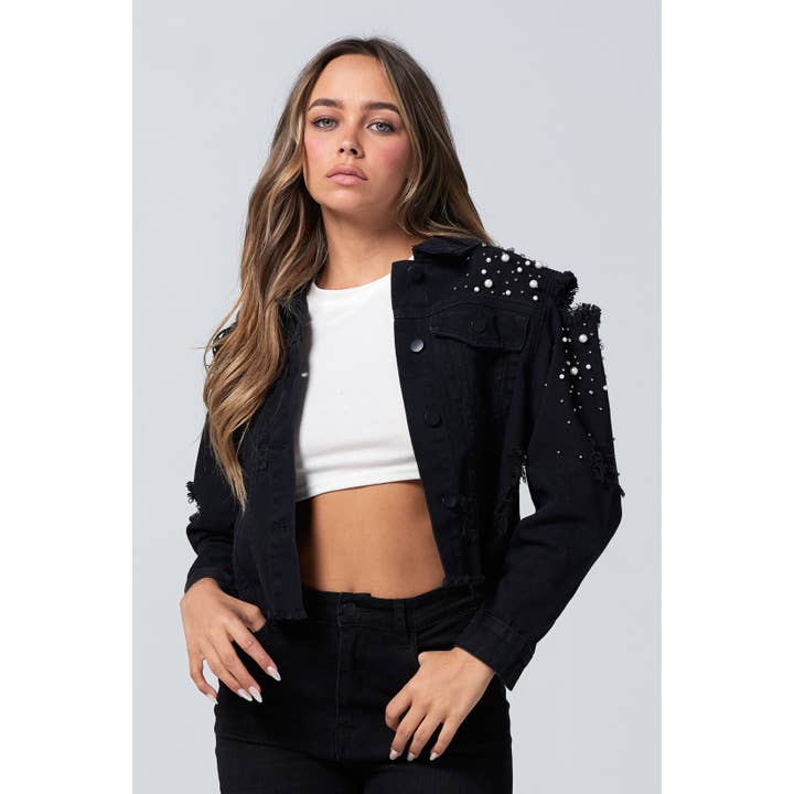 Blue Turtle – wholesale Denim jacket – Women's – Slay Em Distressed Pearl and Rhinestone Denim Jacket Black1