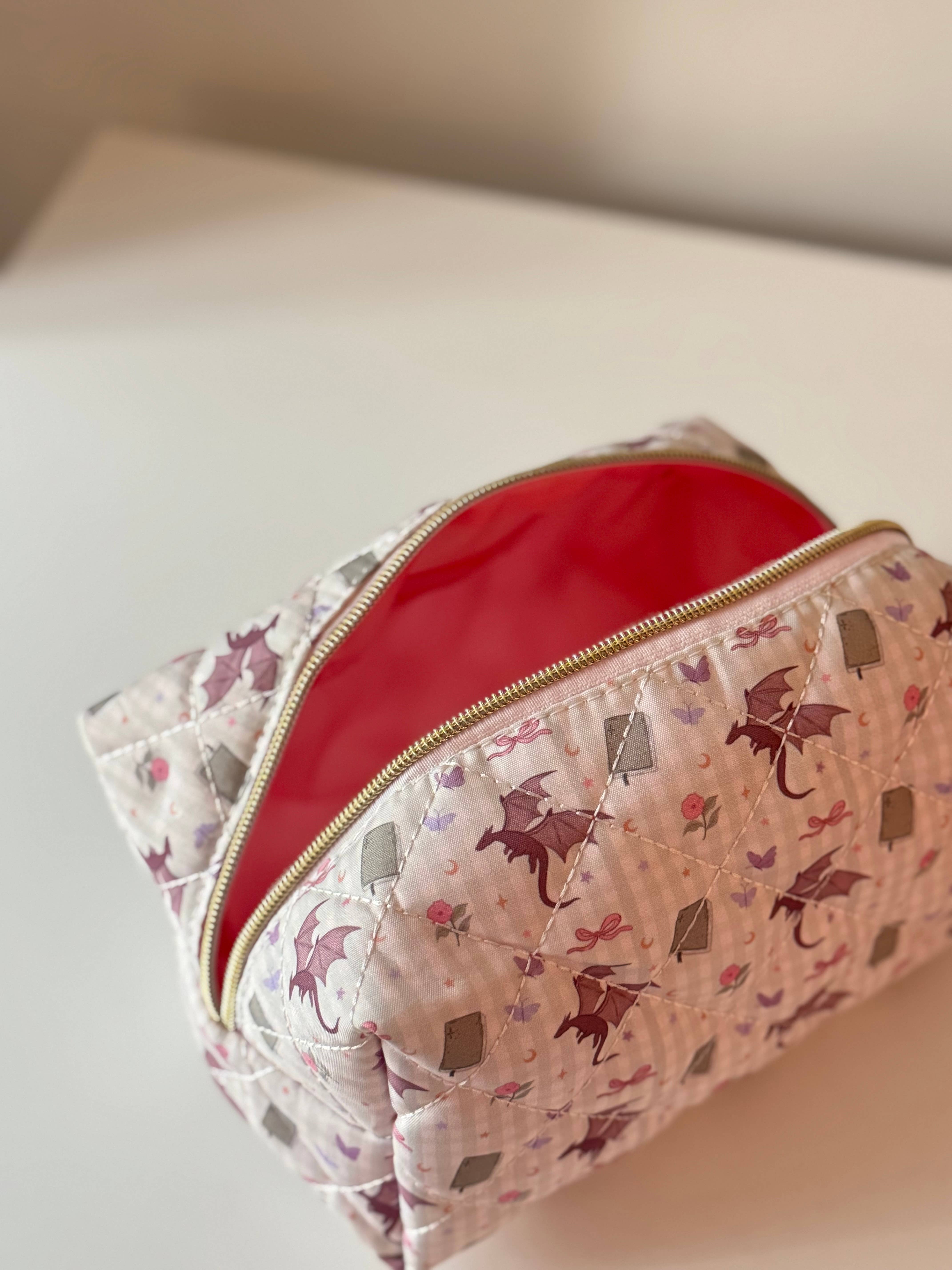 CrescentCatCo - Wholesale Makeup/Cosmetic Bag - Fantasy Reader Gingham Dragon Quilted Makeup Pouch2