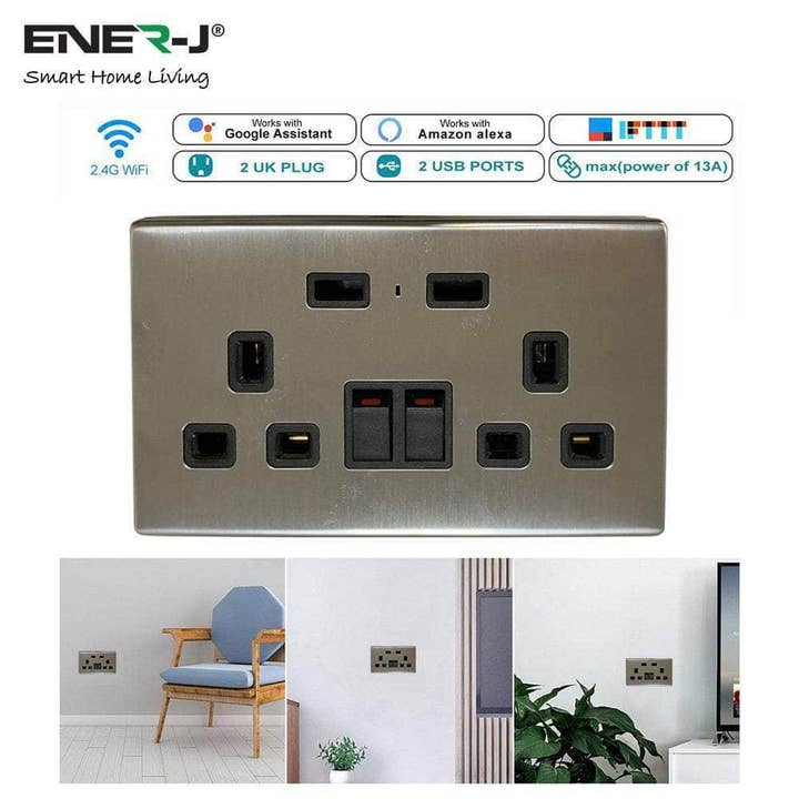 ENER-J - Wholesale Power Adapter - Smart Twin Wall Sockets with Usb 2 Usb Ports, (Silver)9