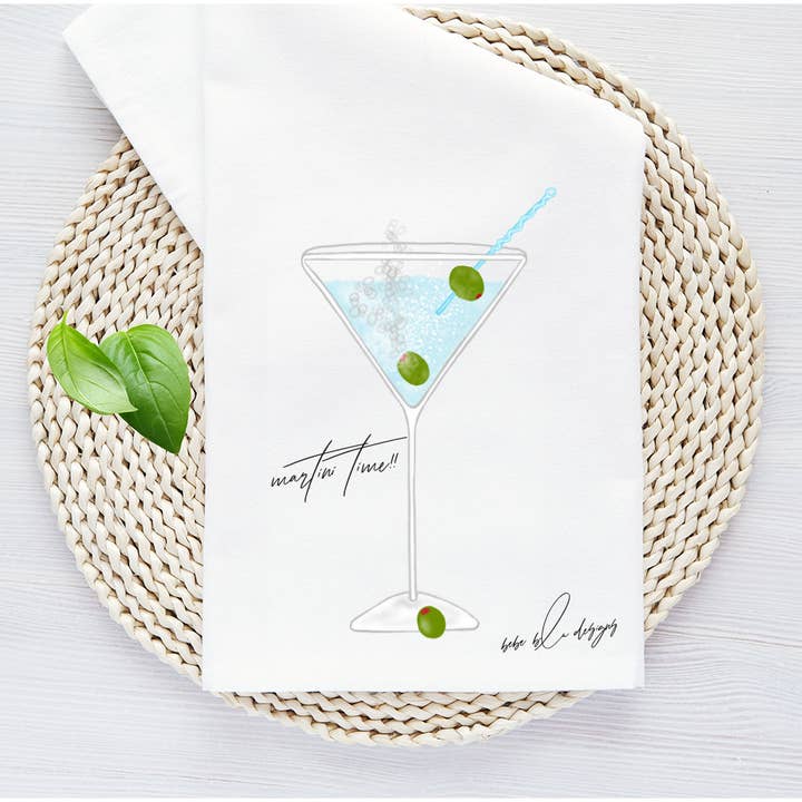 Martini Time Flour Sack Tea Towel, Bartender, Kitchen Decor for wholesale by Bebe Blu Designs, LLC