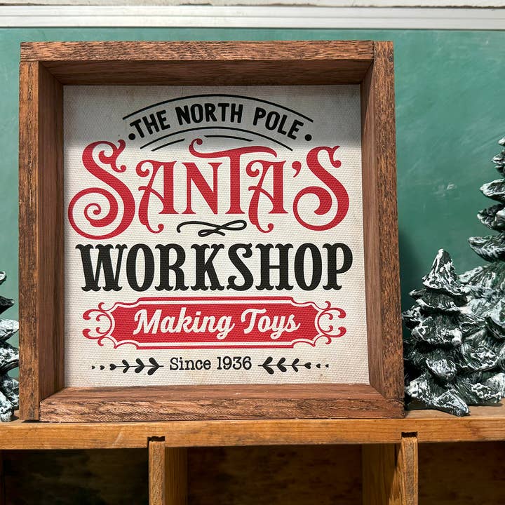 Hangout Home - Wholesale Sign - Santa's Workshop Red & Black - Cute Framed Holiday Word Sign