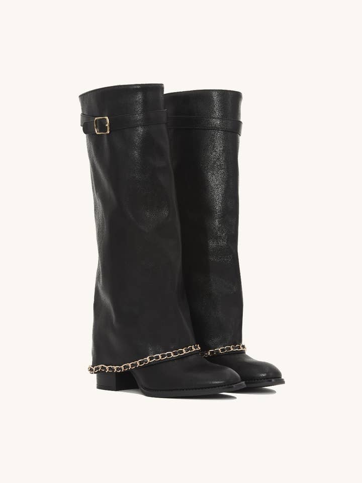 Stephan Paris - Wholesale Boots - Women's - High boots with decorative chain – Faux leather LQ-1534