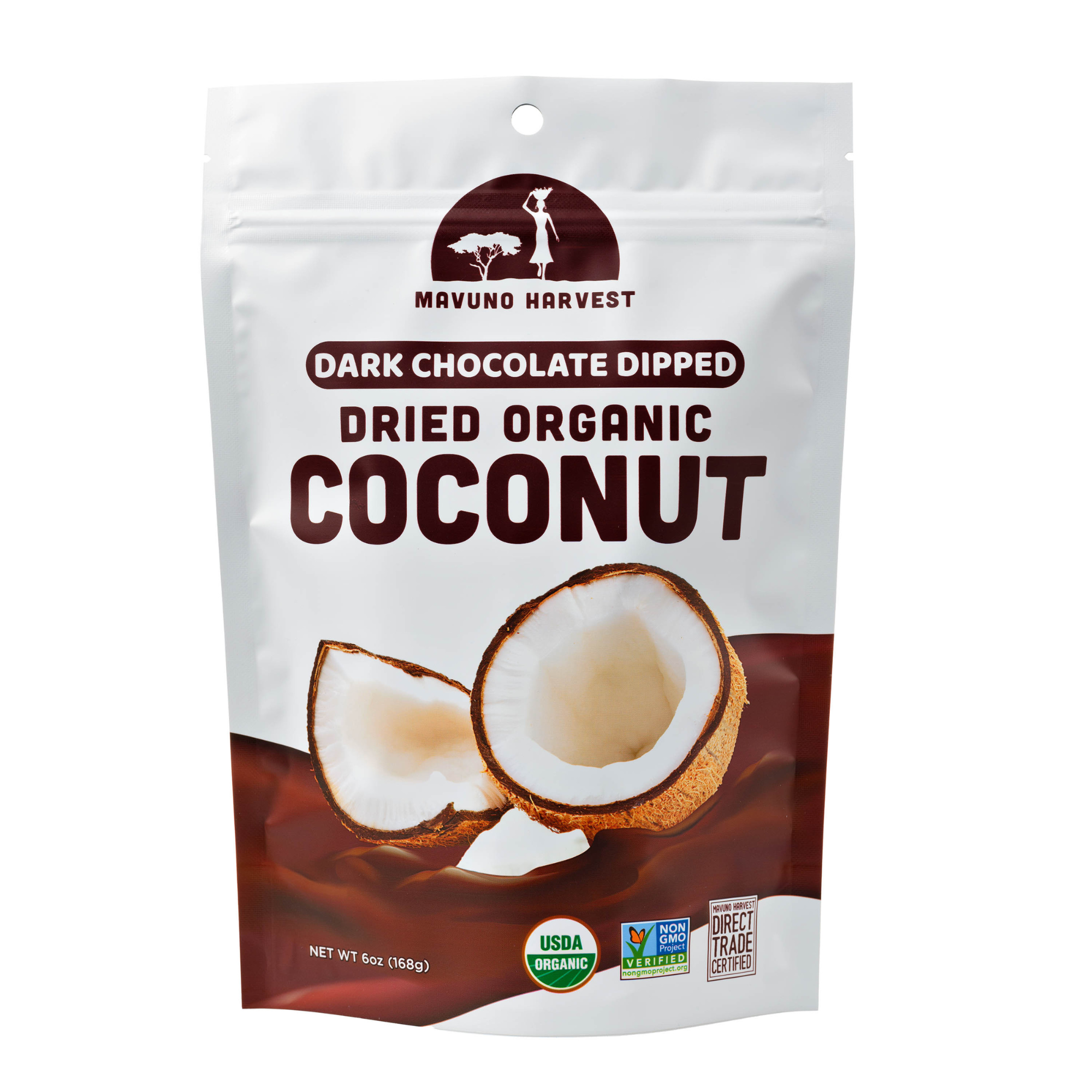 Mavuno Harvest Organics - Vente Fruits secs/déshydratés - Coffret de 6 paquets de noix de coco séchée enrobée de chocolat noir biologique4