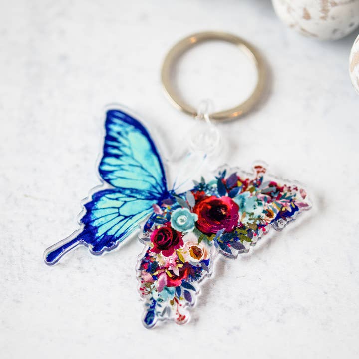 Blue Floral Butterfly, Keychain for wholesale by Savannah and James Co