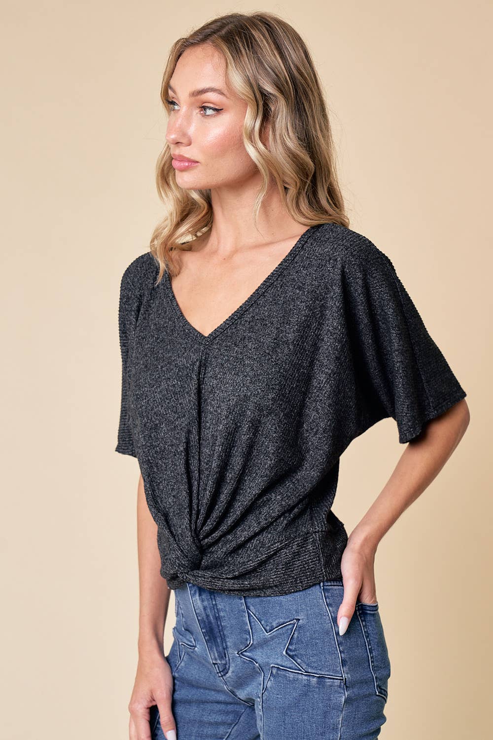 Saints & Hearts - Wholesale Knit Top - Women's - ST3833A BLACK CASUAL LIGHT TWISTED FRONT TOP4