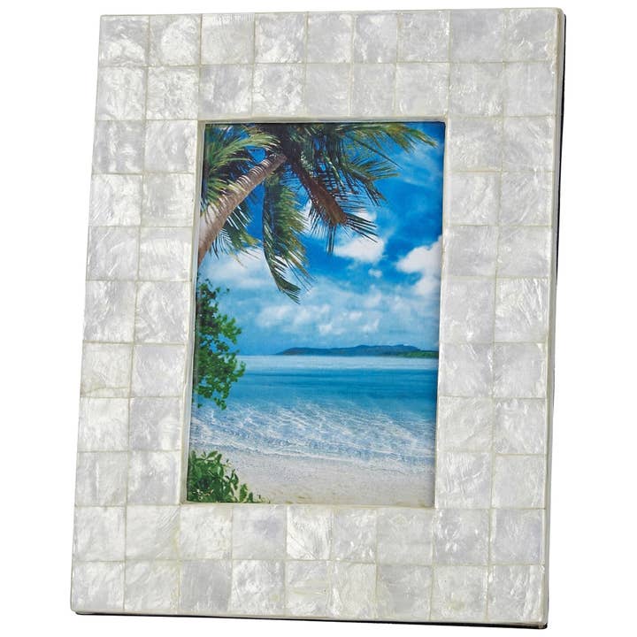 HS Seashells - Wholesale Picture Frame - Tile Patterned Ivory Capiz Shell 4x6" Photo Frame 7.9x6.3"