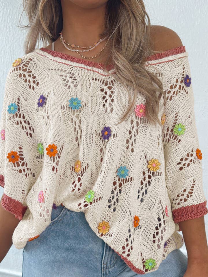 Delikat Broderade Blommor Färgblock Kant Uthuggen Tröja för wholesale av Azzurro