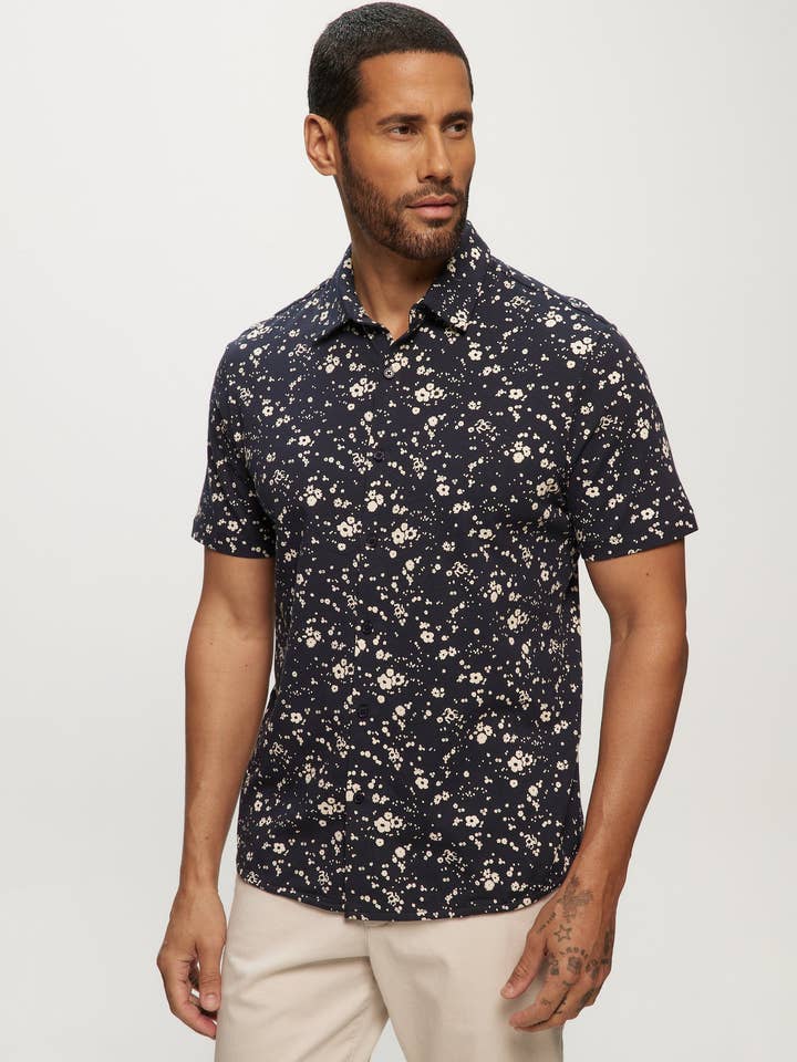 SS Knit AOP Floral Shirt in Navy Floral for wholesale by Julian & Mark