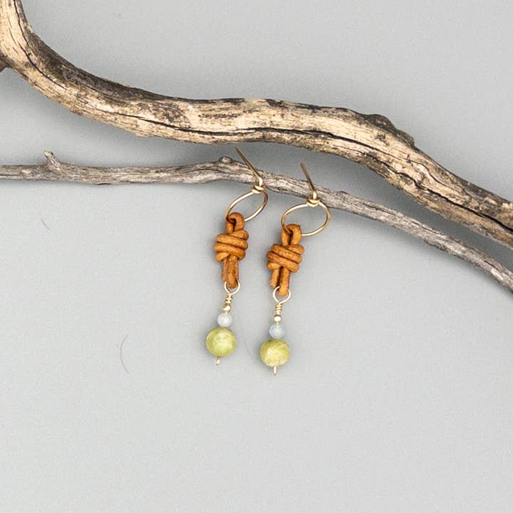 The Stitch Alliance - Wholesale Dangle Earrings - Peridot & Aquamarine Bead Earrings / 14k Gold Fill / Leather2