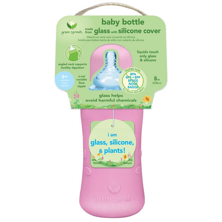 For Baby and Up - Green Sprouts - Wholesale Baby bottle - Baby Bottle made from Glass w Silicone Cover-8oz-Pink-0mo+2