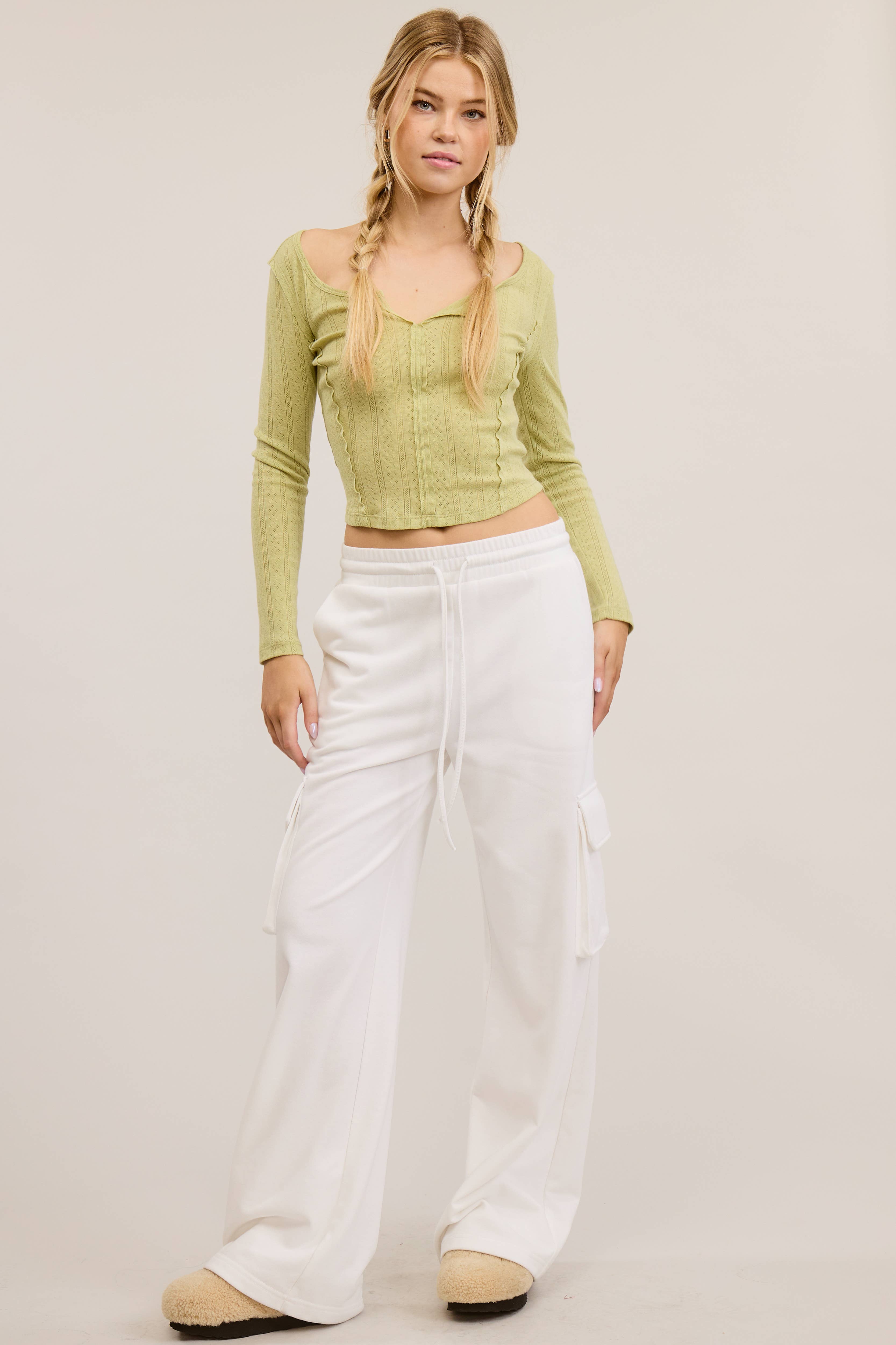 Mimosa - Wholesale Knit Top - Women's - Long Sleeve Pointelle Knit Top with V-Notch Collar2