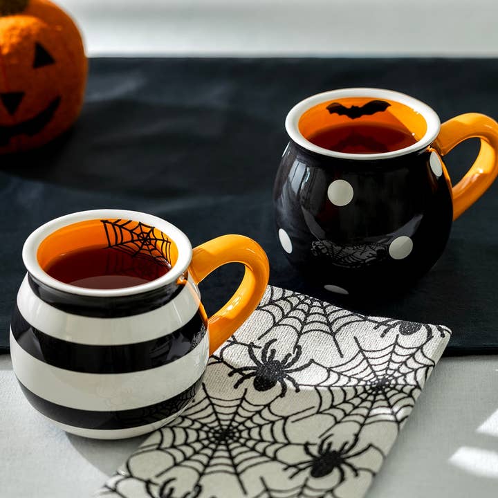 Grace Teaware - Wholesale Coffee Mug - Halloween Bat Dots and Spider Web Stripes 12oz Mugs Set of 2