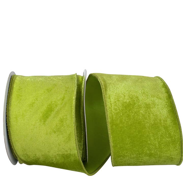 Plush Velvet With Dupioni Backing Wired Edge, Lime, 4 In for wholesale by RELIANT RIBBON