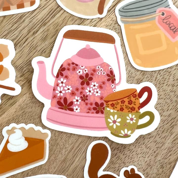 Elyse Breanne Design - Wholesale Sticker - Cottage Core Tea Kettle Sticker, 2.7x2.3 in.