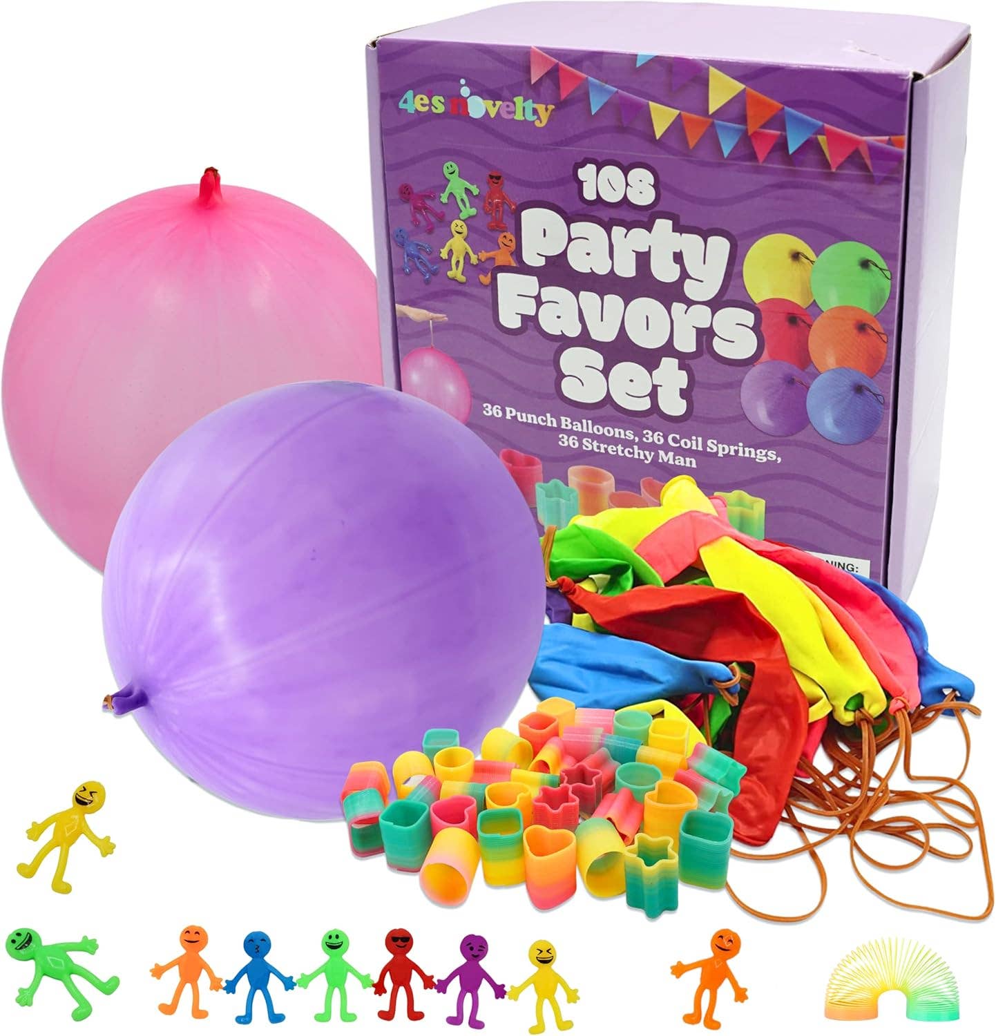 4E's Novelty - Wholesale Party Favor - 4E’s Novelty 108 Pcs Party Favors for Kids 8-12 – Punch Balloons, Coil Springs, Stretchy Men, Bulk Set7