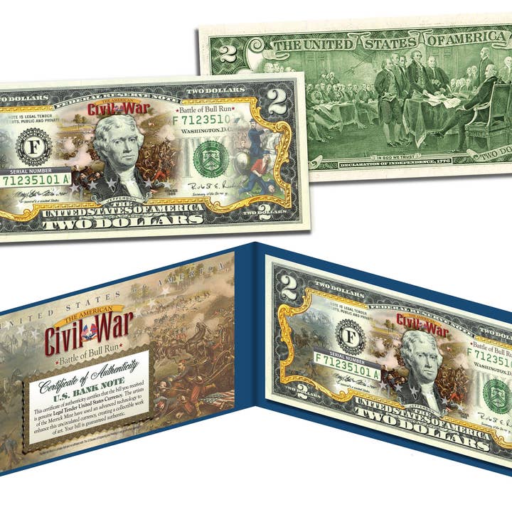 Burgeroorlog* Battle Of Bull Run * Bill van twee dollar op echte Amerikaanse valuta - wordt snel en gratis verzonden naar de VS. voor wholesale door The Merrick Mint