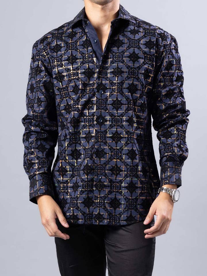 252220 - Navy Button Up Long Sleeve Dress Shirt for wholesale on Faire