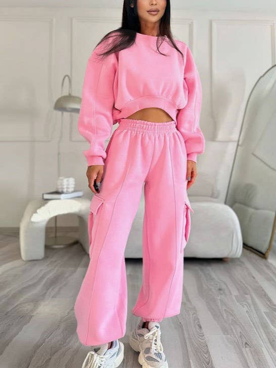 Rosa Clothing - Wholesale Top & Pant Set (NOT Loungewear) - Women's - R-Neck Cropped Sweatshirt Pocket Baggy Sweatpants Set