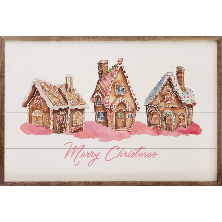 Kendrick Home - Wholesale Wood Wall Art - Pink Merry Christmas Gingerbread Houses White
