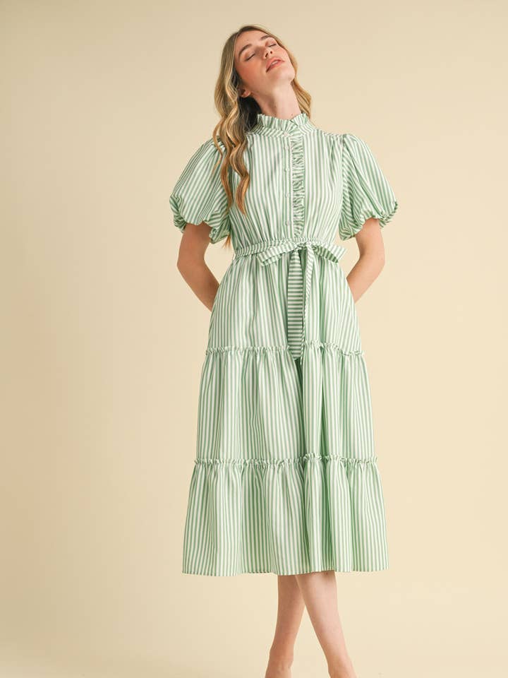 STRIPED RUFFLED BUTON DOWN MIDI DRESS MDR3554 for wholesale by &MERCI