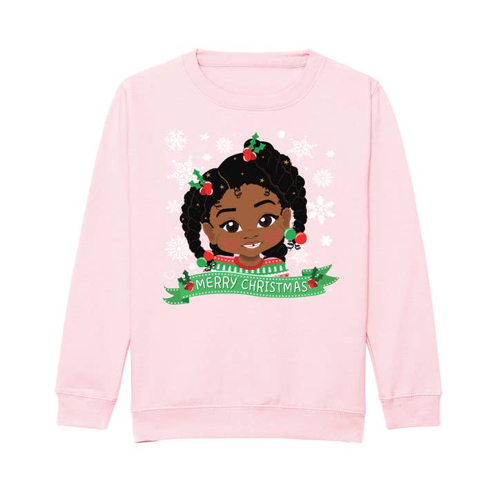 Fefus Designs – wholesale Sweatshirt - Kids – Black Girl Big Afro Twists Christmas Sweatshirt – Holiday Jumper | Fefus Designs