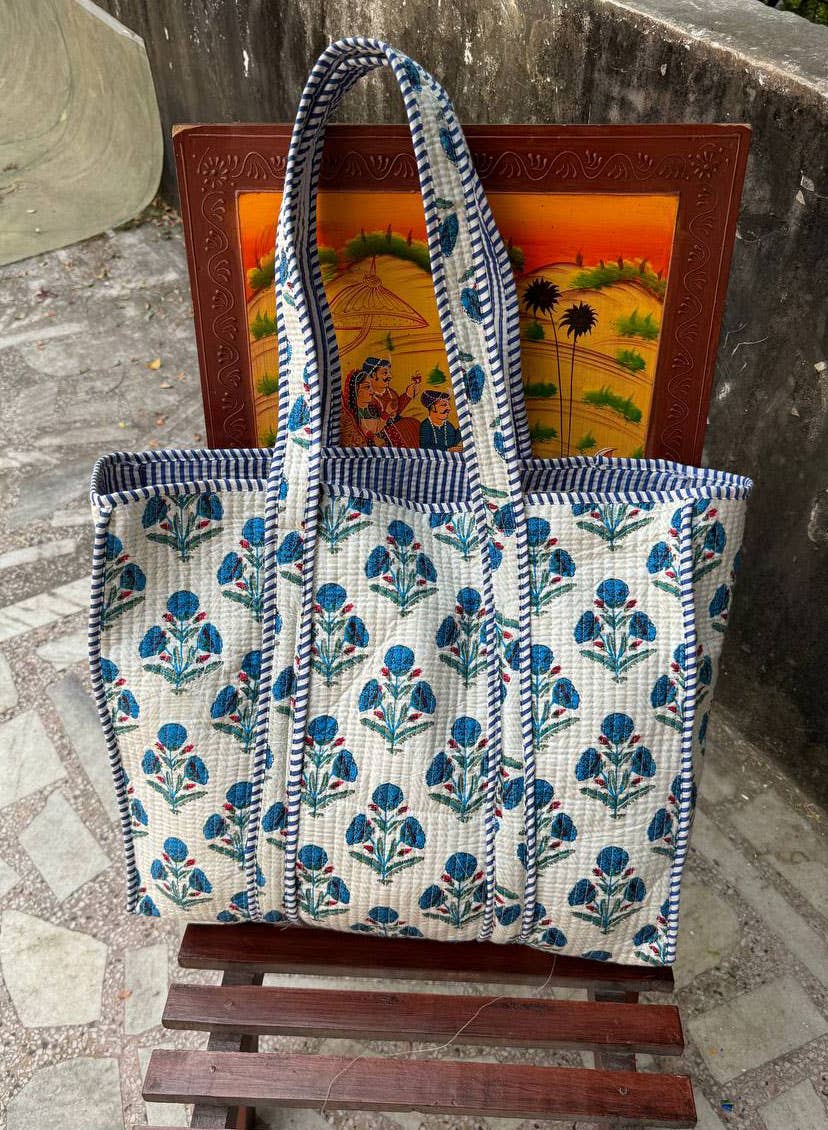 Bhawana Handicrafts - Wholesale Tote Bag - Women's - White Cotton Quilted Bag Market Bag Block Printed Travel Bag1