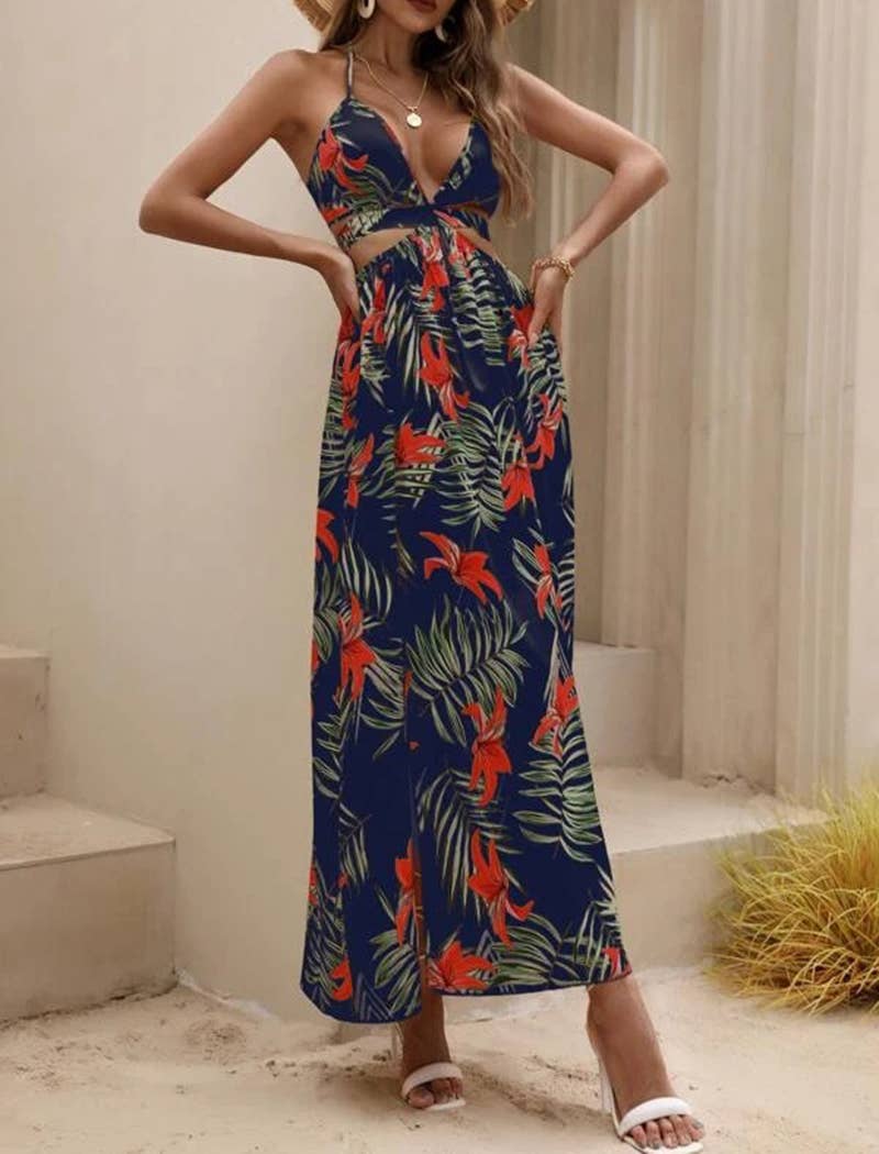 EmberLoom - Vente Robe – femme - Robe longue tropicale à col licou avec détails découpés3