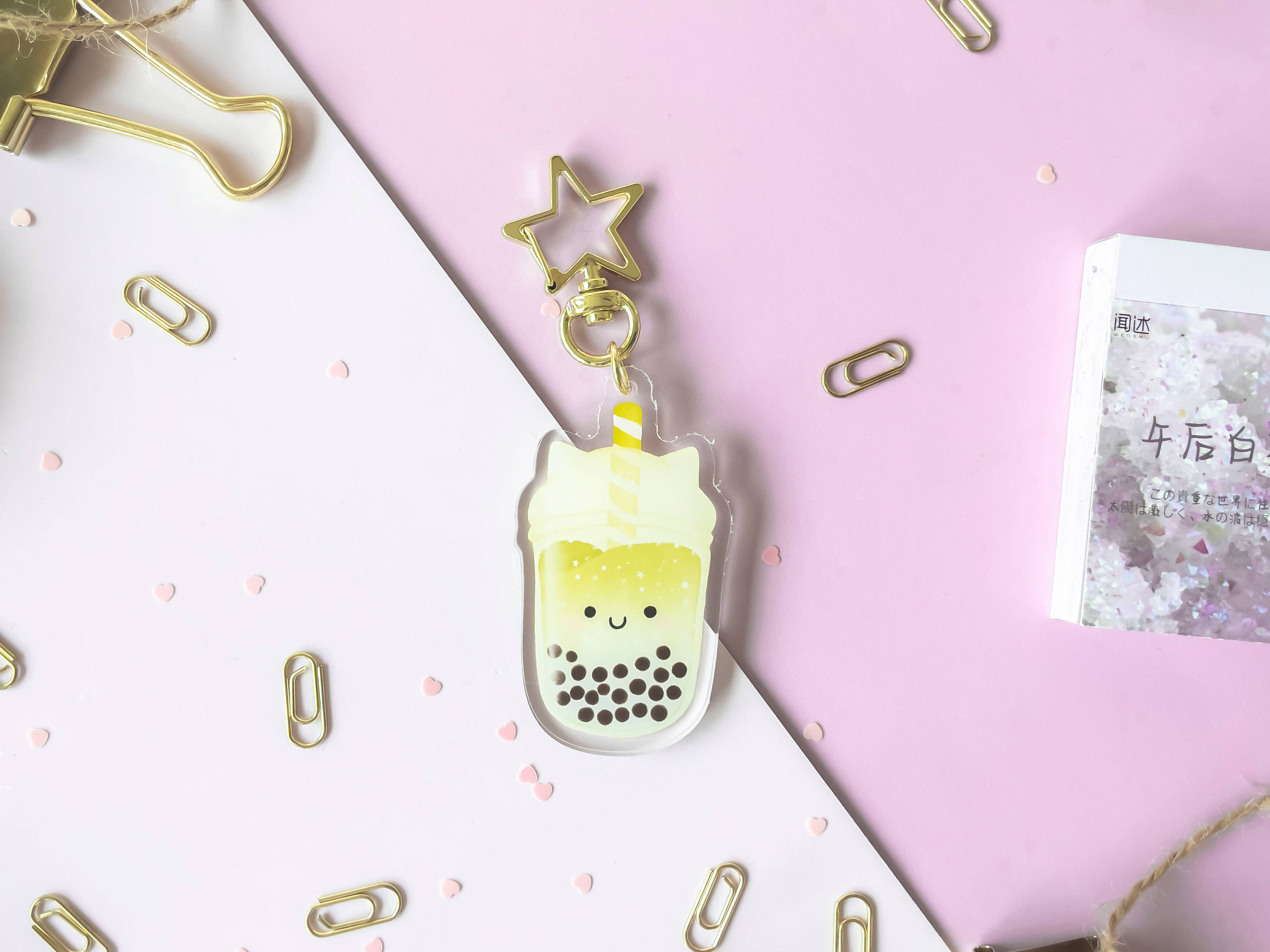 Jino's Art – wholesale Keychain – Women's – Matcha cat boba tea keychain / clear Double Sided charm0