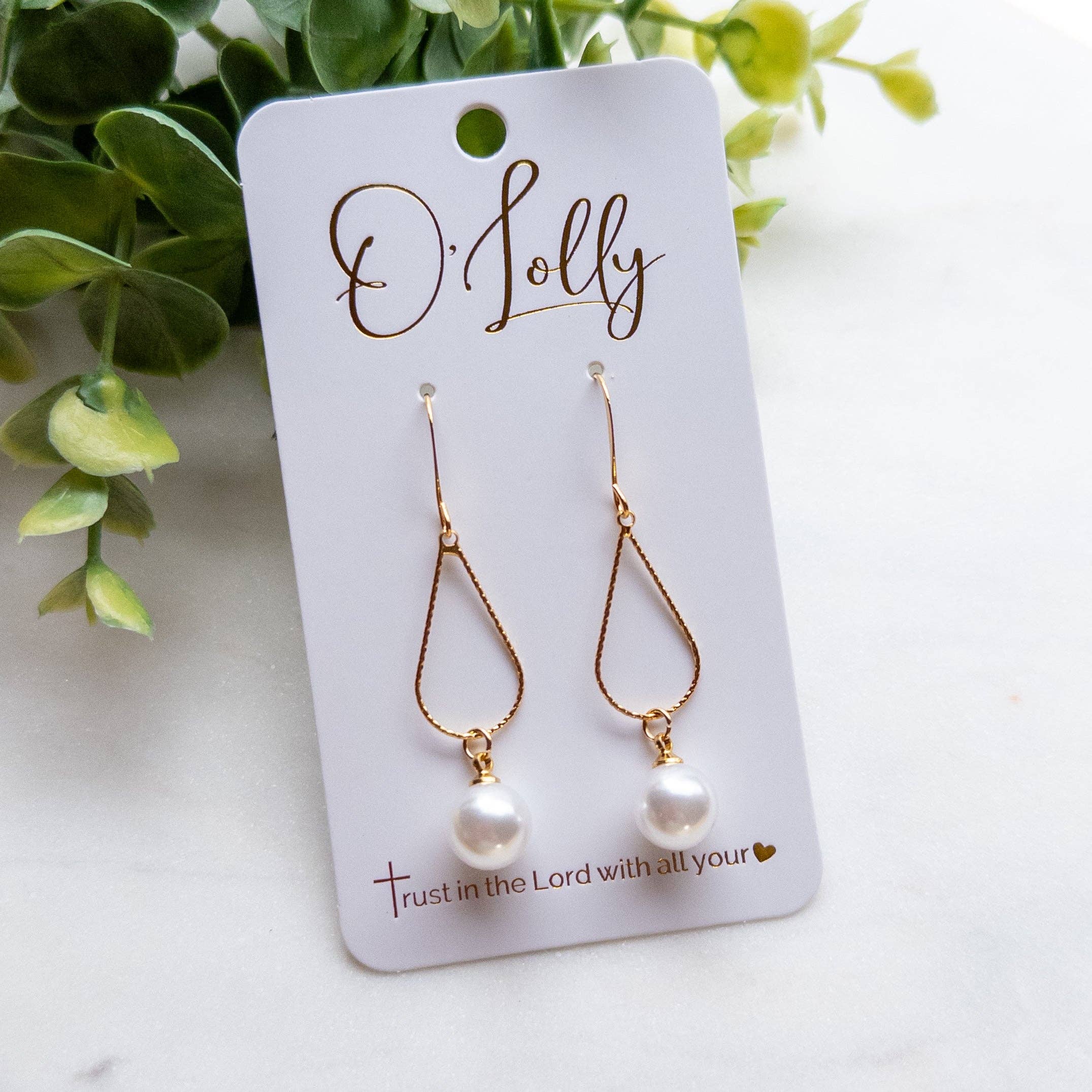 O’Lolly Jewelry - Wholesale Dangle Earrings - Gold Textured Teardrop w/Pearl Dangle0