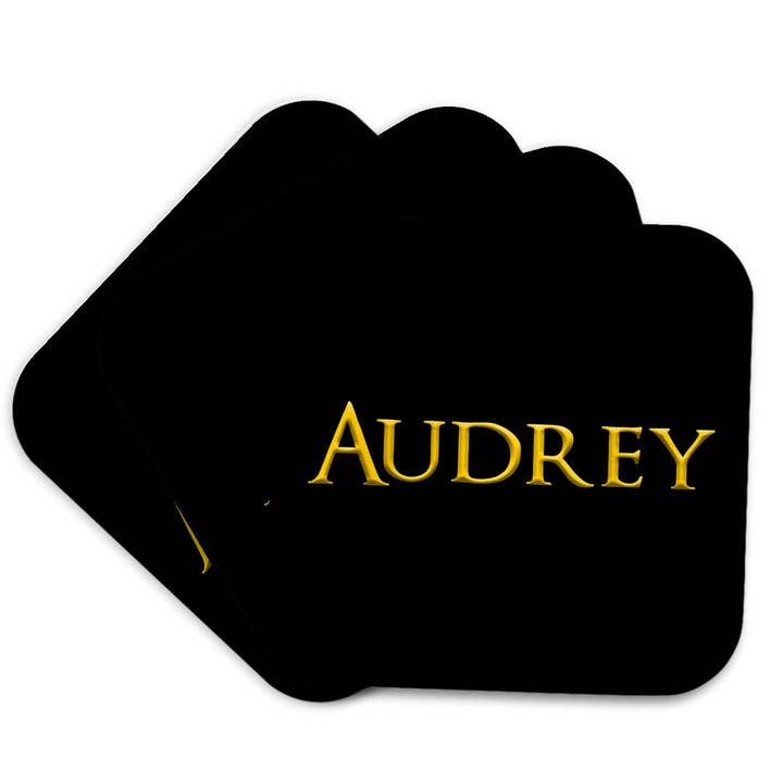 3dRose - Wholesale Coasters - 3dRose, Audrey beautiful female American name. Yellow on black charm, Coaster7
