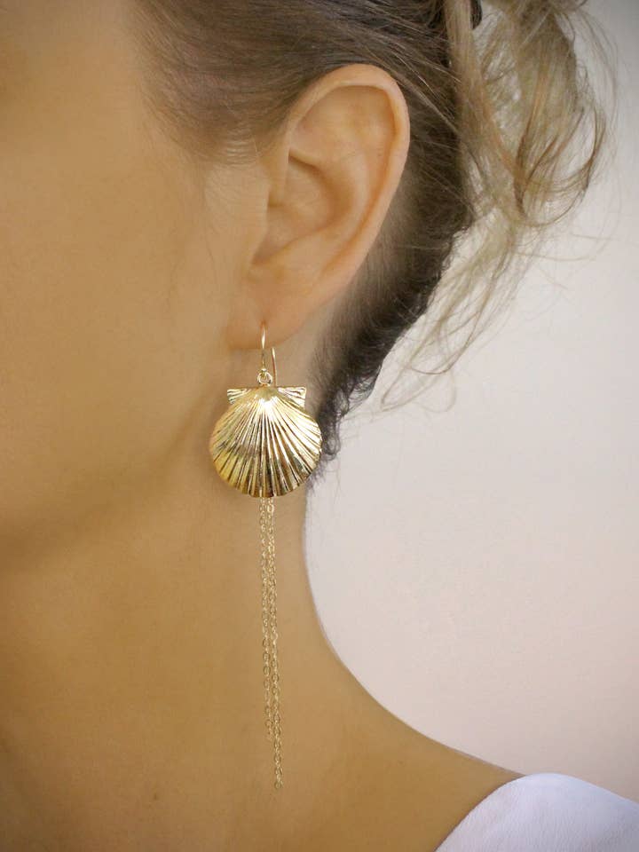 Long-length 18K gold plated seashell earrings for wholesale by DIGE DESIGNS