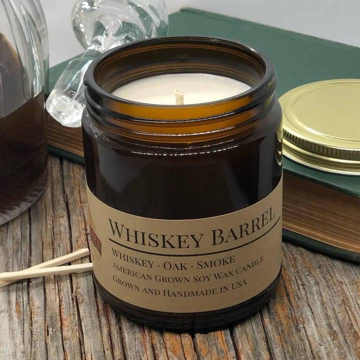 Whiskey Barrel Soy Wax Candle | 9 oz Amber Apothecary Jar for wholesale by VIAI Beauty