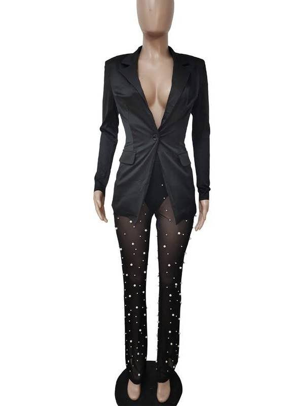 Queen Fashion - Wholesale Top & Skirt Set - Women's - fashion-forward white blazer with sheer trousers6