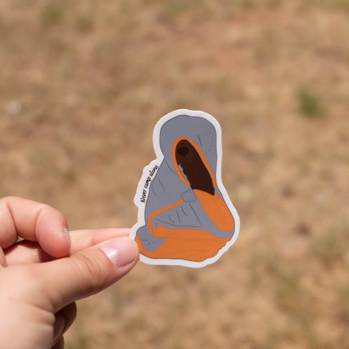 Never Camp Alone Sticker, 2.2"x3" for wholesale by Nature & Hound Designs
