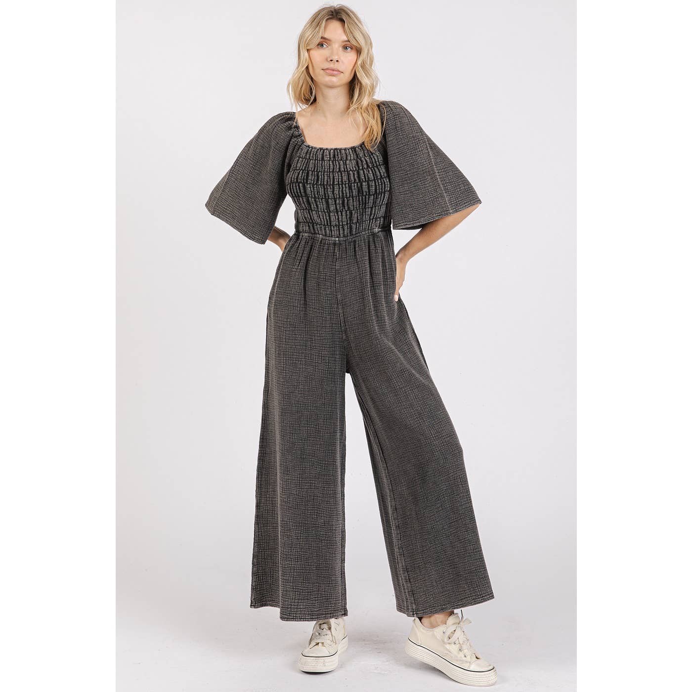 mittoshop - Wholesale Jumpsuit - Women's - MINERAL WASH GAUZE RUCHED WIDE LEG JUMPSUIT5