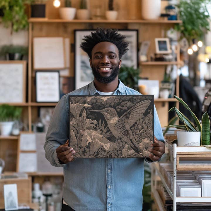 Benoit's Design Co. - Wholesale Wall Sign - Hummingbird in Garden Engraved Illustration