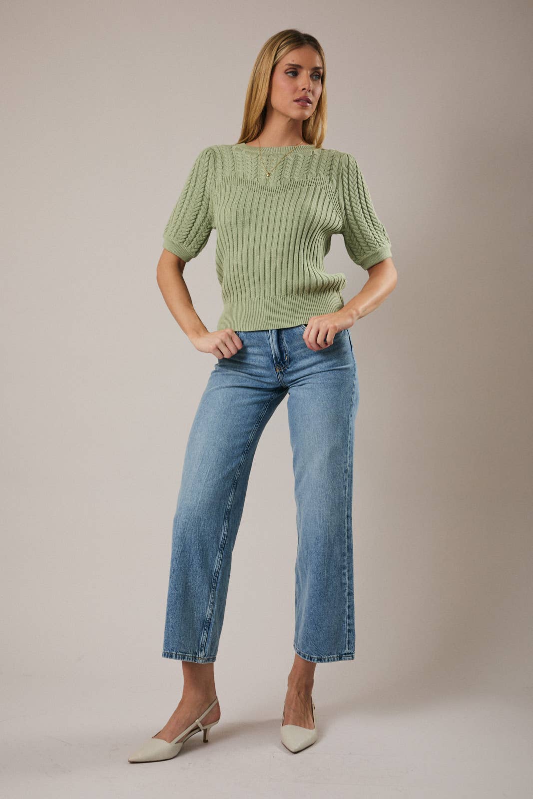 Sunday Edition by LE LIS - Wholesale Knit Sweater - Women's - ROUND NECK PUFF SHORT SLEEVE CABLE SWEATER31