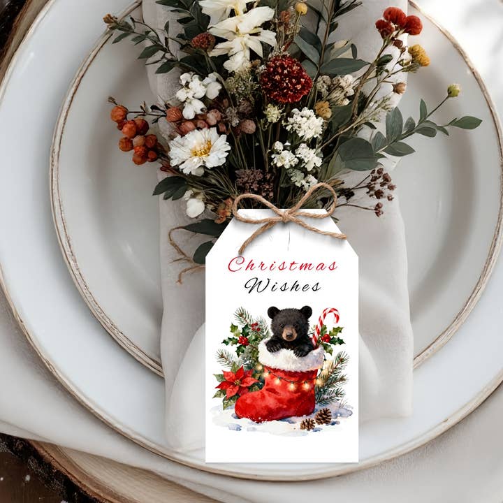 Christmas Wishes Black Bear Gift Tags Set of 8 with Twine for wholesale by Designs by Michaela