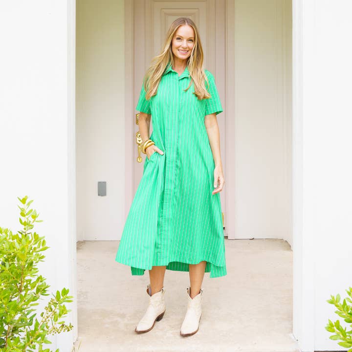 Millie Dress Long Green Stripe for wholesale by Caryn Lawn